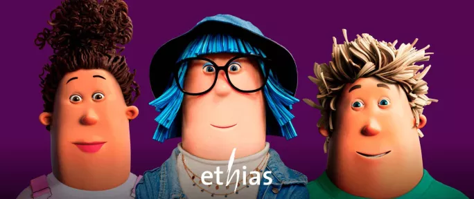 Award-winning Ethias campaign featuring three animated characters with distinctive hairstyles against purple background, with "#FailBetter" slogan and Dutch text "Want mislukken is ook waardevol" (Because failing is also valuable).
