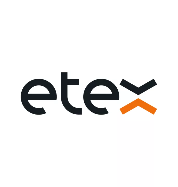 Etex logo displayed on a white background. The logo features the word "etex" in black lowercase letters with a distinctive orange chevron symbol above the "x".