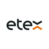 Etex logo displayed on a white background. The logo features the word "etex" in black lowercase letters with a distinctive orange chevron symbol above the "x".
