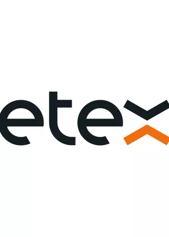 Etex logo displayed on a white background. The logo features the word "etex" in black lowercase letters with a distinctive orange chevron symbol above the "x".