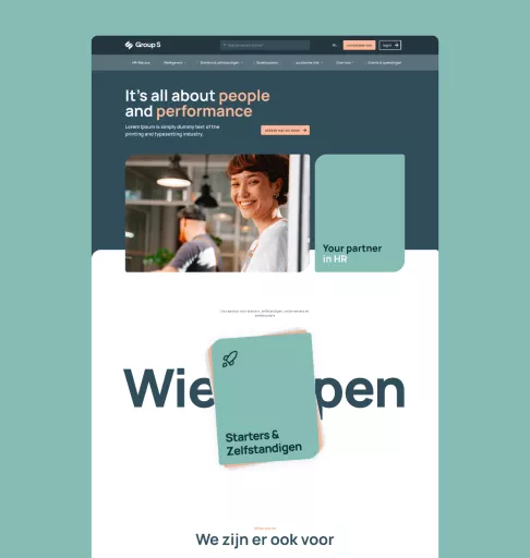 Screenshot of Group S’s new website homepage with a focus on people with sections for HR partners, and industries like construction, hospitality, and public sector.