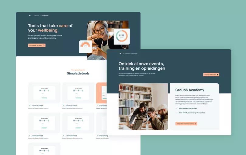 GroupS digital platform interface showing wellness tools section and GroupS Academy educational offerings with simulation tools and training events.
