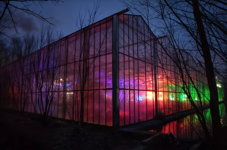 Hero banner photo for a Springbok Agency company event 'Time to make sense' at art museum Verbeke Foundation, Stekene, Belgium, showing a greenhouse by night, filled with colorful lights creating a warm atmosphere. 