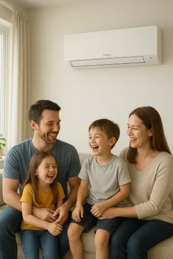 Promotional visual for Daikin showing a Daikin indoor heating/cooling system on the wall and a happy mom, dad, a seven year old son and a four year old daughters sitting on a sofa.